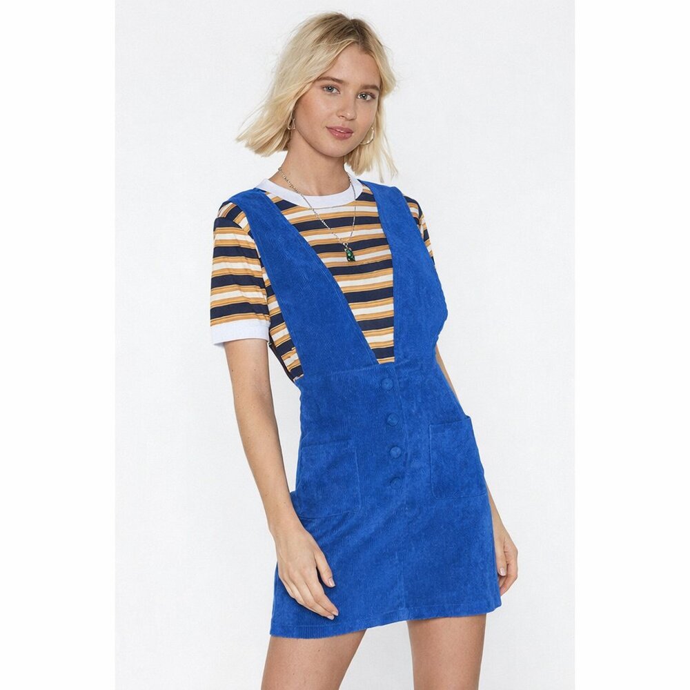 NASTY GAL Over the Top Pinafore Corduroy Dress in Blue US6